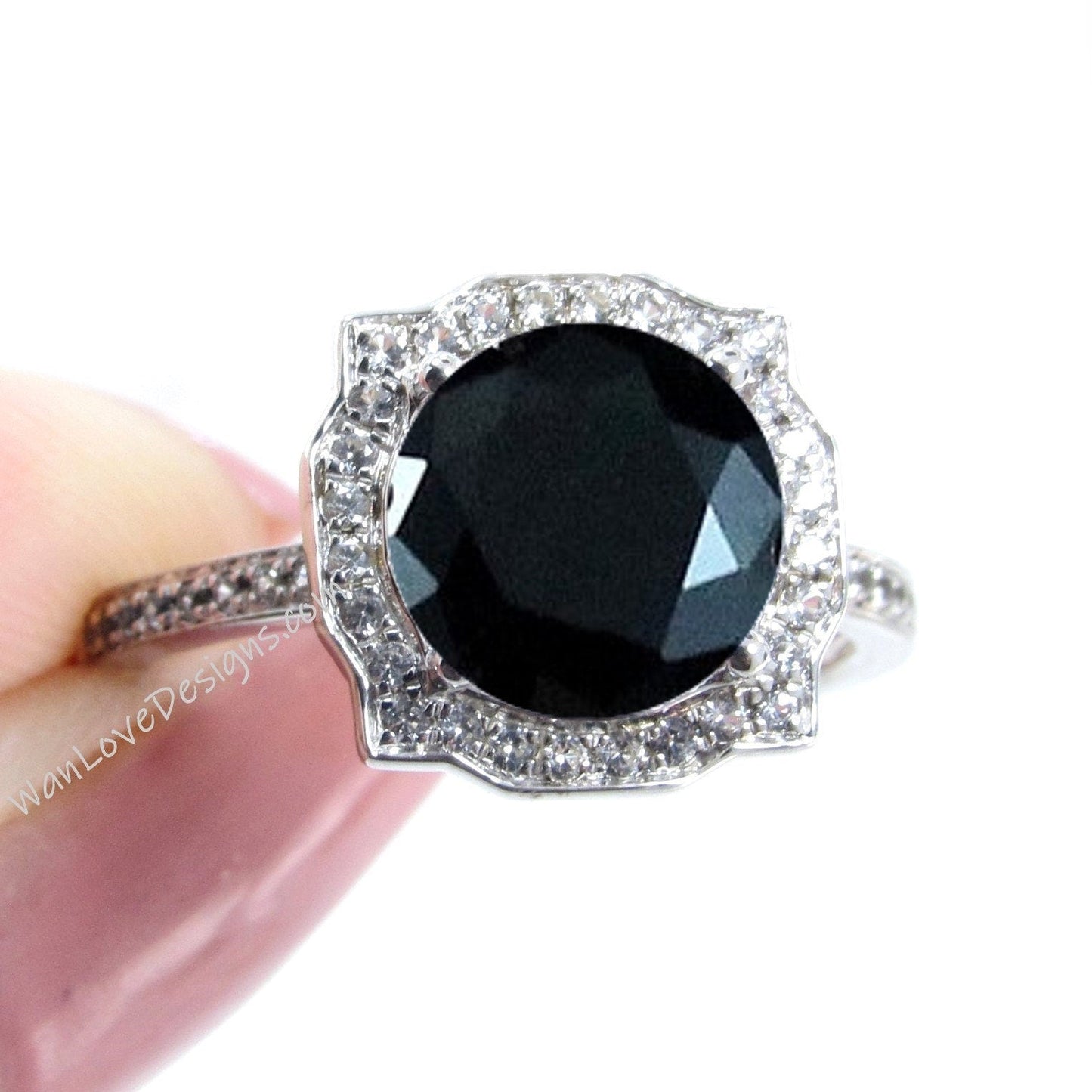 Black Spinel Diamond Antique Bezel Frame Engagement Ring Basket Vintage 14k 18k White Yellow Rose Gold-Platinum-Custom-Wedding Wan Love Designs