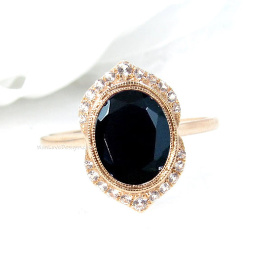 Black Spinel & Diamond Art Deco Unique Oval Bezel Halo WITH or Without Milgrain Engagement Ring, Custom, 14k 18k Rose Gold, WanLoveDesigns Wan Love Designs