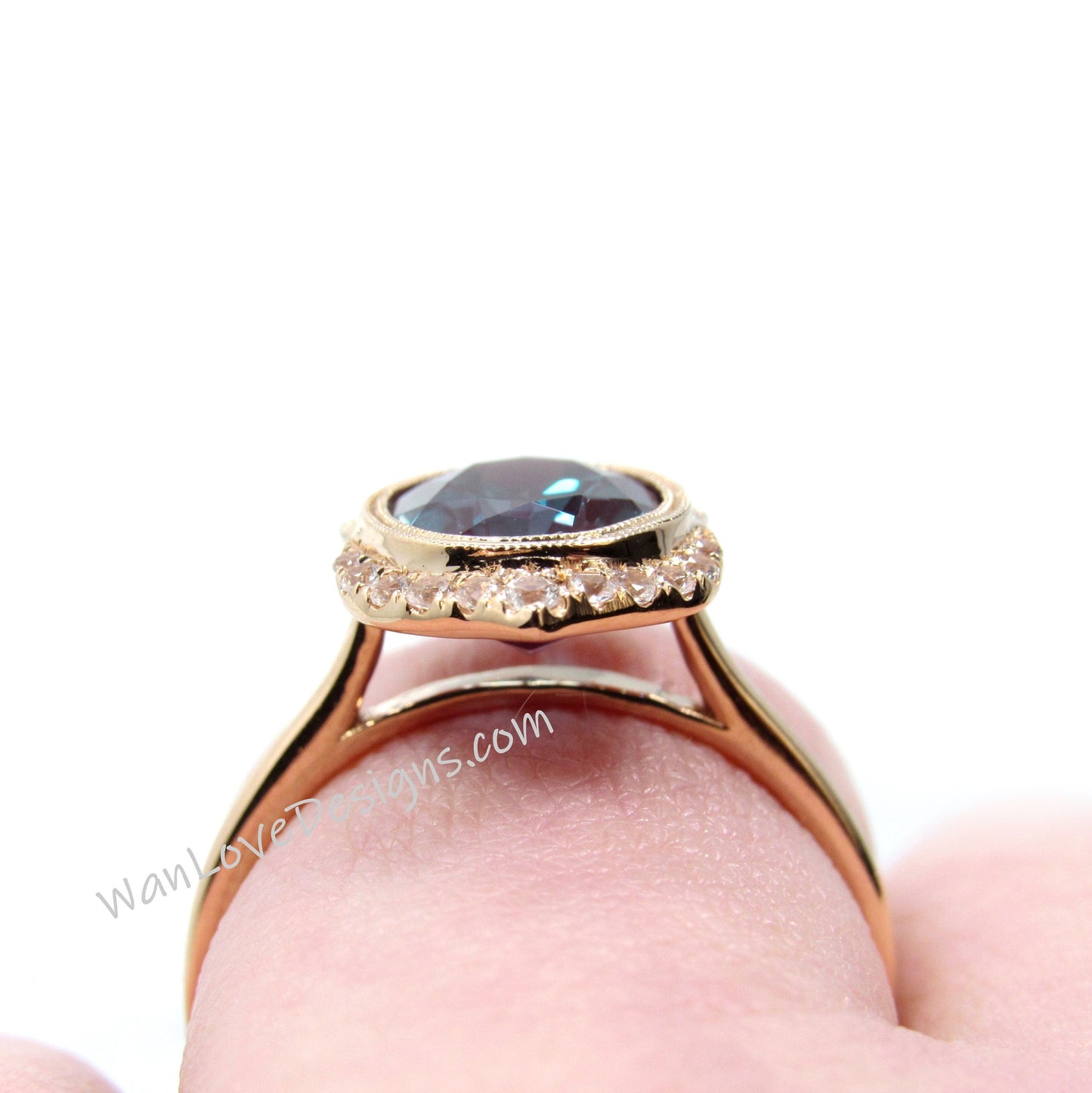 Black Spinel & Diamond Art Deco Unique Oval Bezel Halo WITH or Without Milgrain Engagement Ring, Custom, 14k 18k Rose Gold, WanLoveDesigns Wan Love Designs