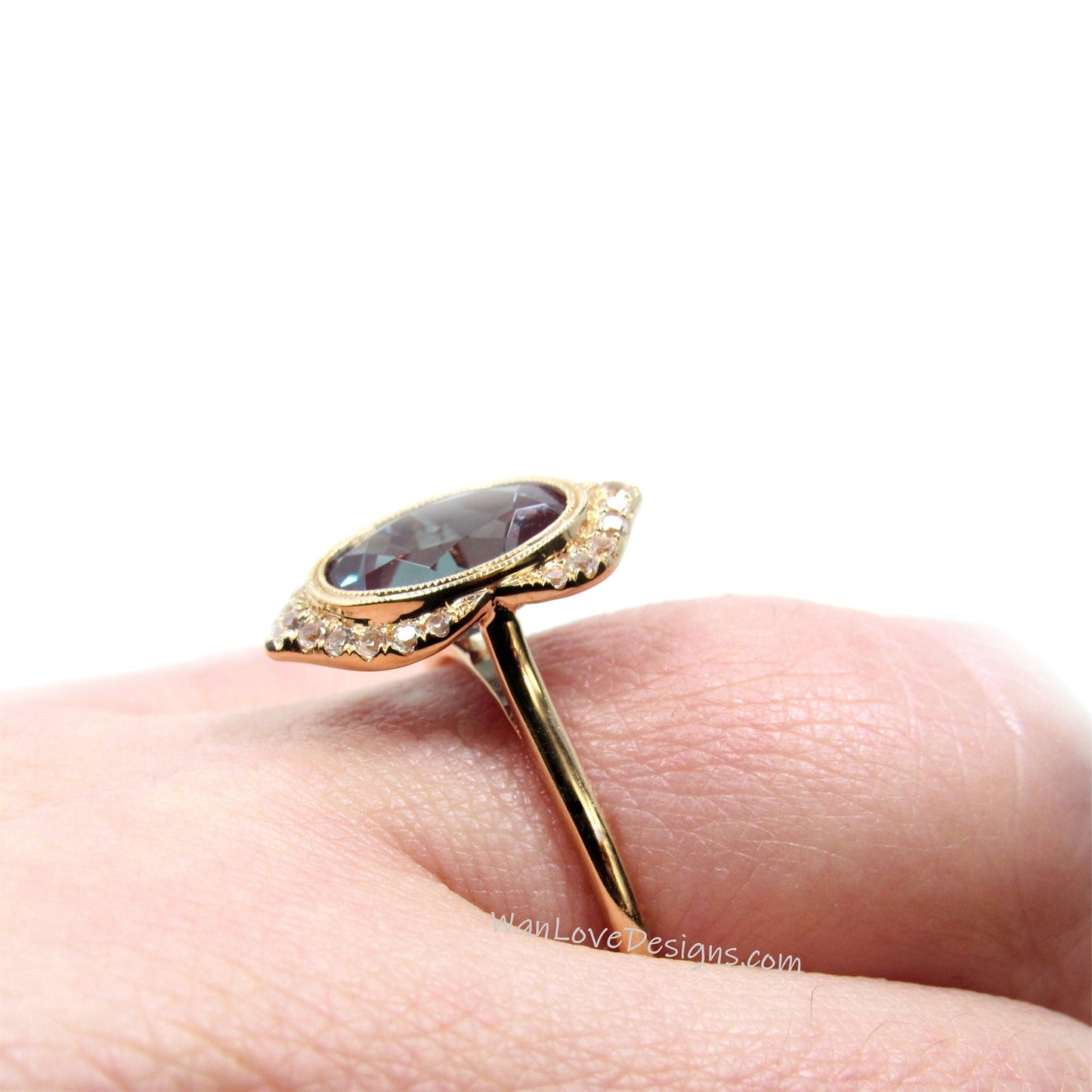 Black Spinel & Diamond Art Deco Unique Oval Bezel Halo WITH or Without Milgrain Engagement Ring, Custom, 14k 18k Rose Gold, WanLoveDesigns Wan Love Designs