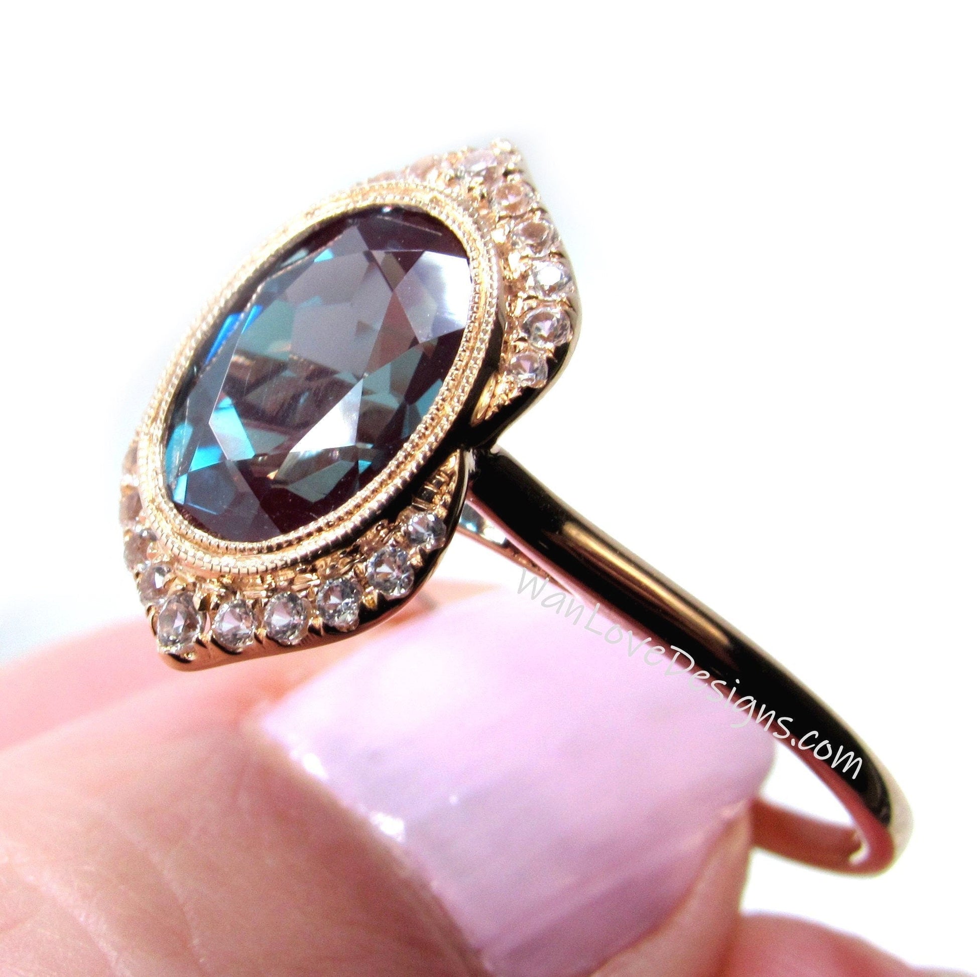 Black Spinel & Diamond Art Deco Unique Oval Bezel Halo WITH or Without Milgrain Engagement Ring, Custom, 14k 18k Rose Gold, WanLoveDesigns Wan Love Designs