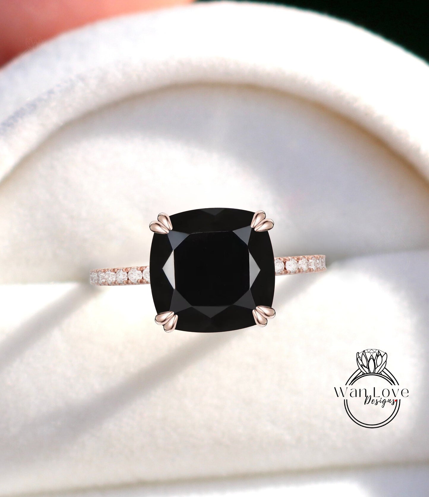 Black Spinel & Diamond Cushion cut Engagement ring Vintage Rose Gold ring Unique Bridal Art deco cushion Solitaire Anniversary Promise ring Wan Love Designs