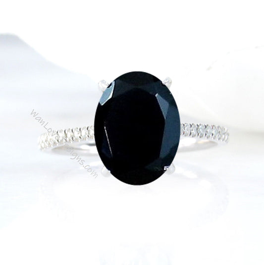 Black Spinel & Diamond Elongated Cushion Oval Engagement Ring, 14kt 18kt gold-Platinum-Wedding-Anniversary Gift, WanLoveDesigns Wan Love Designs
