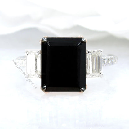 Black Spinel Diamond Emerald Baguette cut 3 gem stone Engagement Ring 4ct 10x8mm 14k White Yellow Rose Gold Platinum Custom Wedding Wan Love Designs
