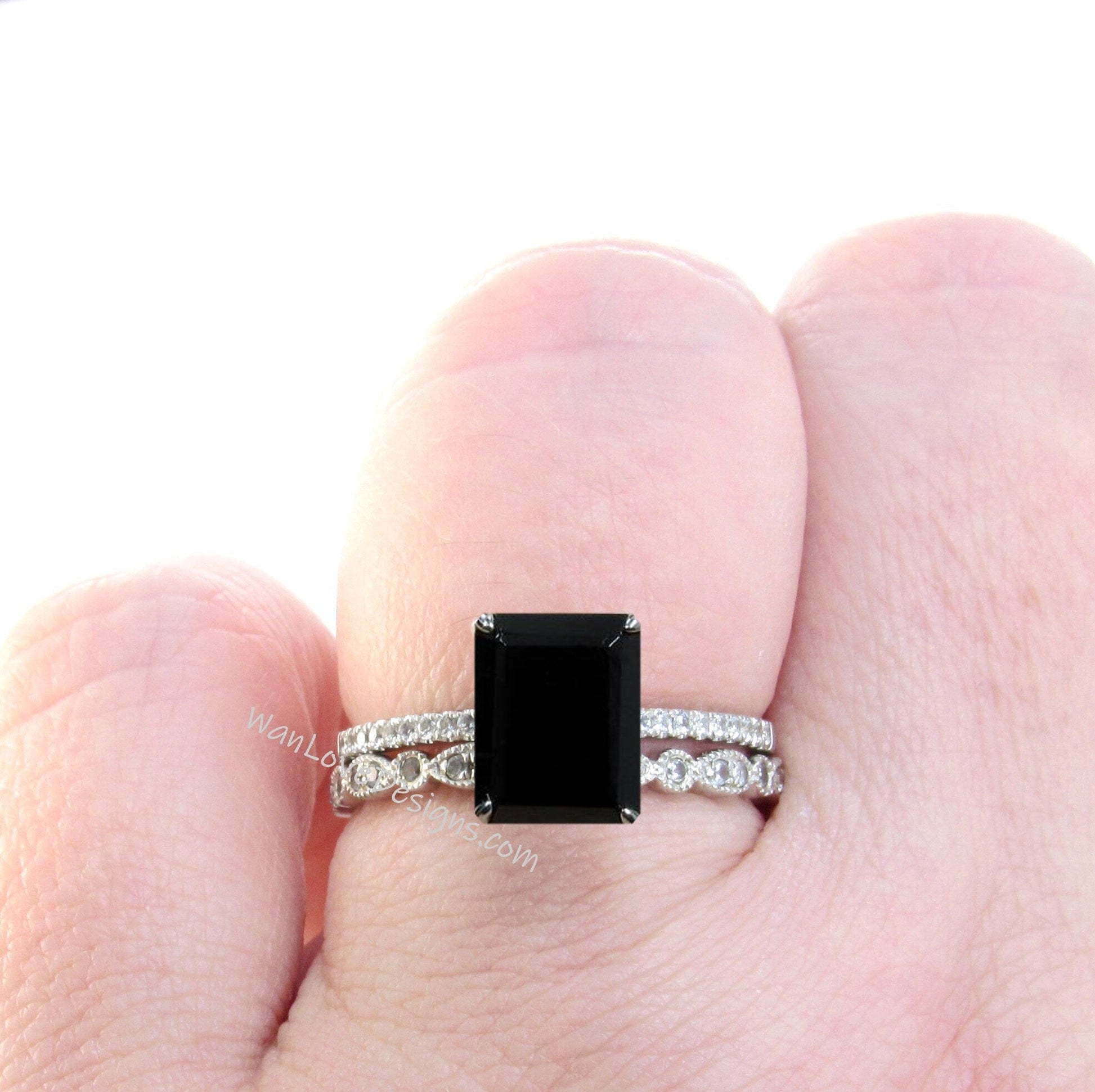 Black Spinel & Diamond Emerald Engagement Ring, Wedding Band set, 14k 18k White Yellow Rose Gold-Platinum-Custom-Anniversary Wan Love Designs