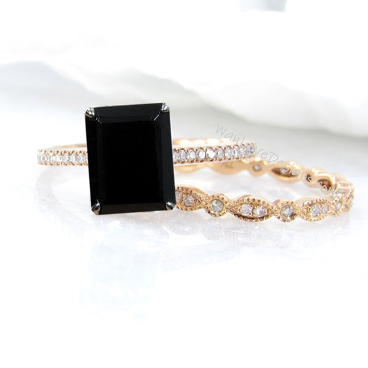 Black Spinel & Diamond Emerald Engagement Ring, Wedding Band set, 14k 18k White Yellow Rose Gold-Platinum-Custom-Anniversary Wan Love Designs