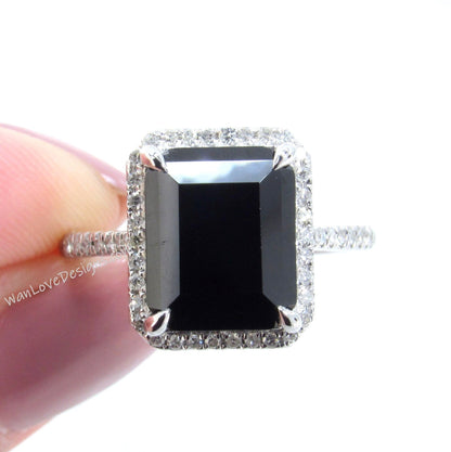 Black Spinel & Diamond Emerald Radiant Halo Engagement Ring, Cushion, Wedding, Anniversary Gift, 14kt 18kt Gold, Platinum, WanLoveDesigns Wan Love Designs