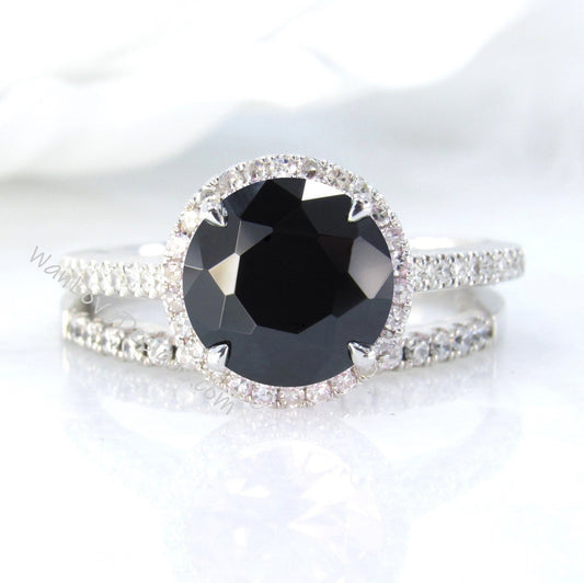 Black Spinel & Diamond Halo Engagement Ring Set, Wedding band, Round cut, 14k 18k White Yellow Rose Gold-Platinum-Custom-Anniversary Wan Love Designs