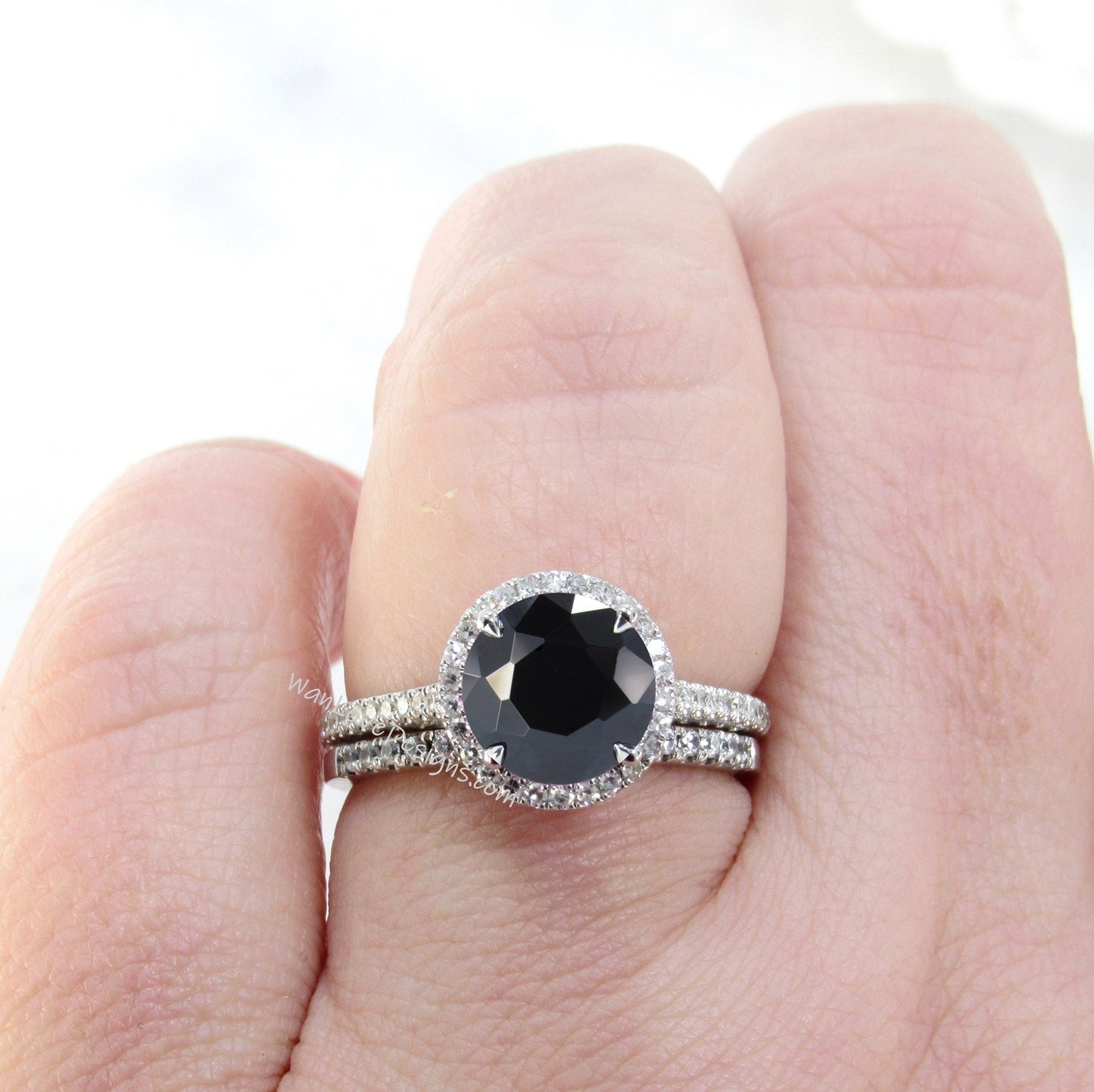 Black Spinel & Diamond Halo Engagement Ring Set, Wedding band, Round cut, 14k 18k White Yellow Rose Gold-Platinum-Custom-Anniversary Wan Love Designs