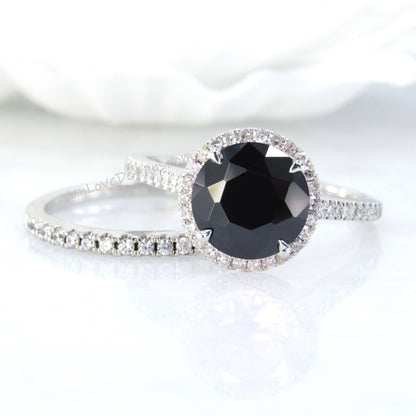 Black Spinel & Diamond Halo Engagement Ring Set, Wedding band, Round cut, 14k 18k White Yellow Rose Gold-Platinum-Custom-Anniversary Wan Love Designs