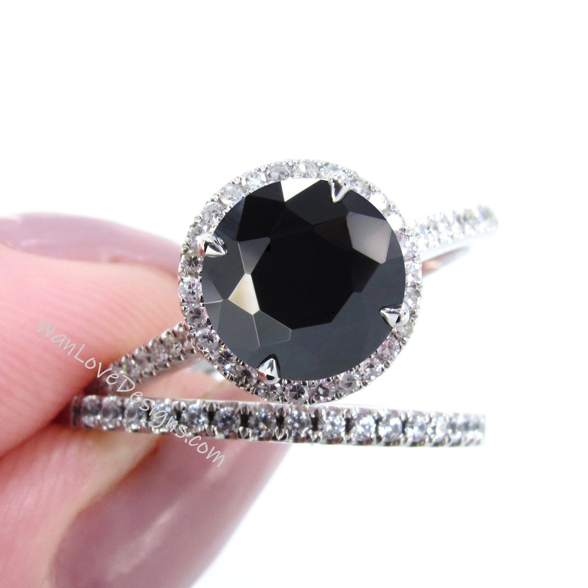 Black Spinel & Diamond Halo Engagement Ring Set, Wedding band, Round cut, 14k 18k White Yellow Rose Gold-Platinum-Custom-Anniversary Wan Love Designs