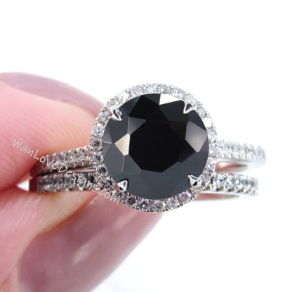 Black Spinel & Diamond Halo Engagement Ring Set, Wedding band, Round cut, 14k 18k White Yellow Rose Gold-Platinum-Custom-Anniversary Wan Love Designs