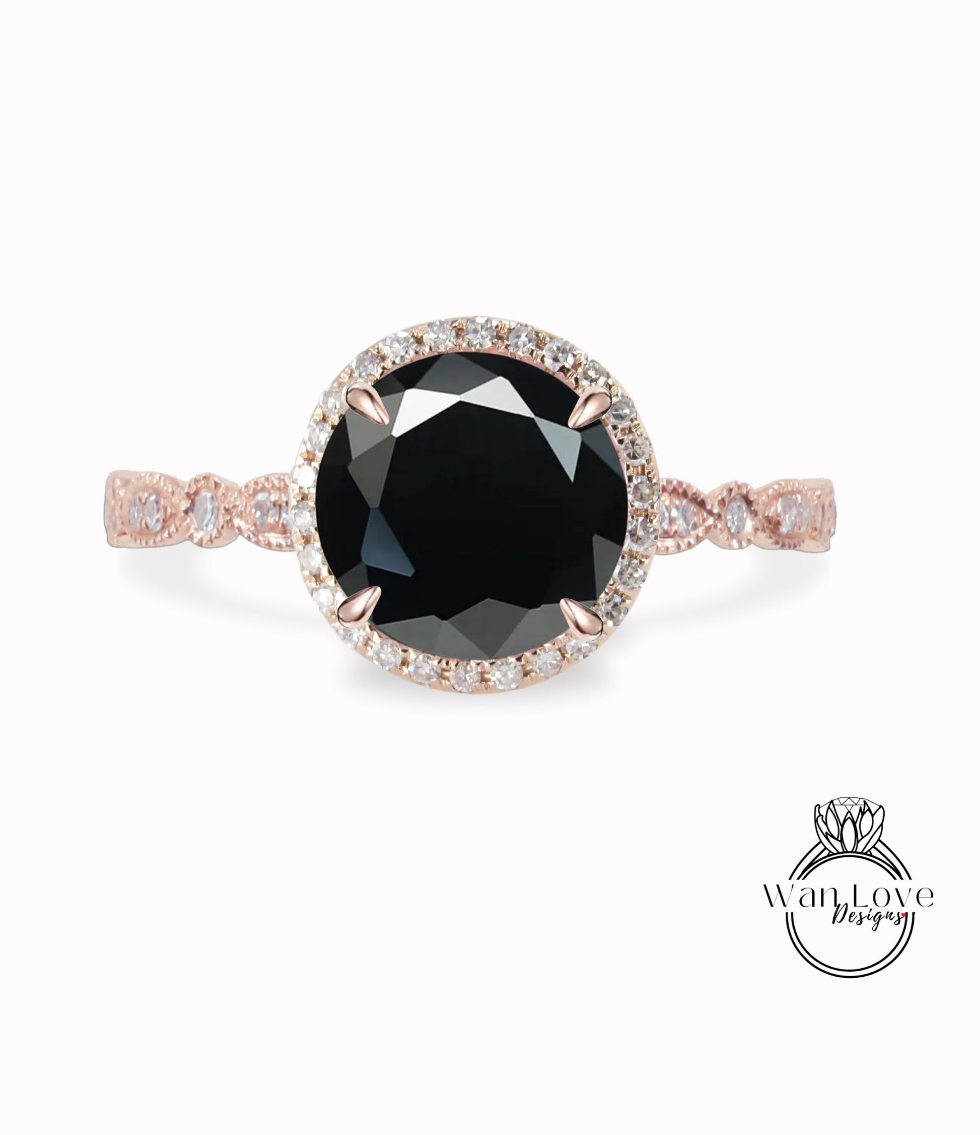 Black Spinel & Diamond Halo Scalloped Rose Gold Ring/ Round Black Spinel Center Ring/ Engagement Ring/ Anniversary Ring/ Promise Ring/ Halo Milgrain Ring Wan Love Designs
