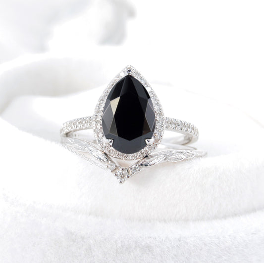 Black Spinel Diamond Halo and Curve Band Engagement Ring Set | 14K Gold Nesting Band | Leaves Bridal Ring | Nature Inspired Ring Wan Love Designs