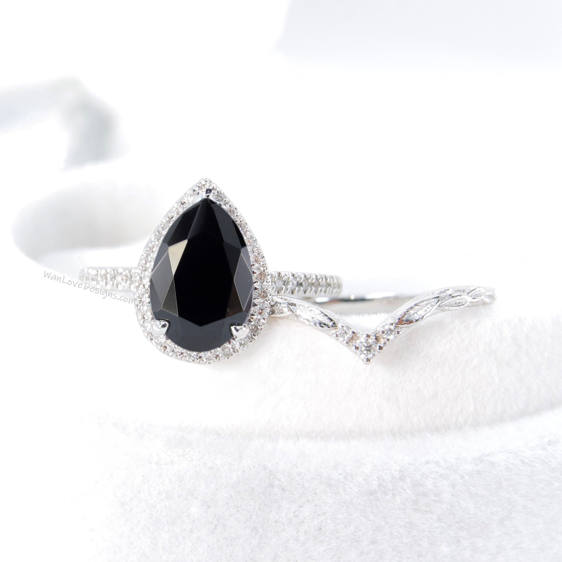 Black Spinel Diamond Halo and Curve Band Engagement Ring Set | 14K Gold Nesting Band | Leaves Bridal Ring | Nature Inspired Ring Wan Love Designs