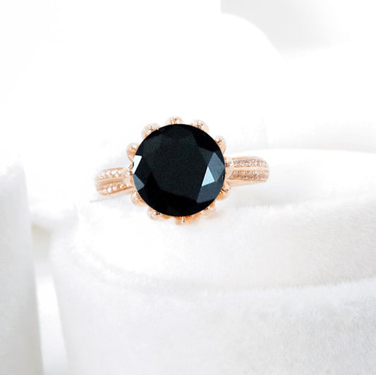 Black Spinel & Diamond Lotus Flower Engagement Ring, Floral, Round, Custom made size, Wedding, Promise,Anniversary Gift,Commitment Wan Love Designs