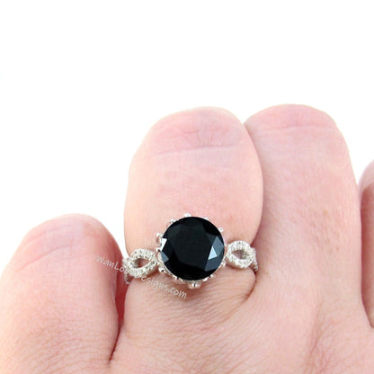 Black Spinel & Diamond Lotus Flower Infinity Twisted Round Engagement Ring, 14kt 18kt Gold-Platinum-Custom-Wedding-Anniversary Wan Love Designs