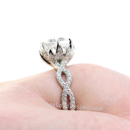 Black Spinel & Diamond Lotus Flower Infinity Twisted Round Engagement Ring, 14kt 18kt Gold-Platinum-Custom-Wedding-Anniversary Wan Love Designs
