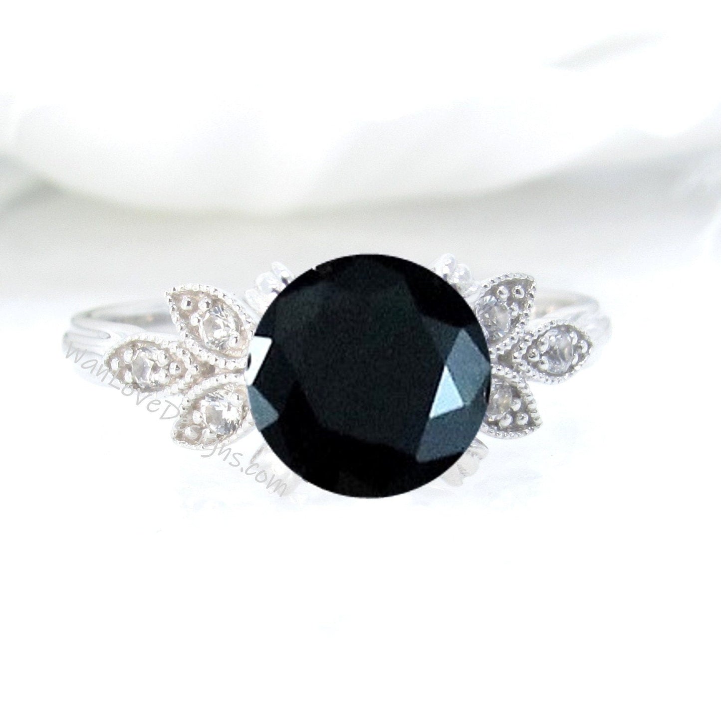 Black Spinel Diamond Milgrain Leaf Engagement Ring, Antique Vintage Nature style Round,Custom Wedding,14kt 18kt Gold,Platinum,WanLoveDesigns Wan Love Designs