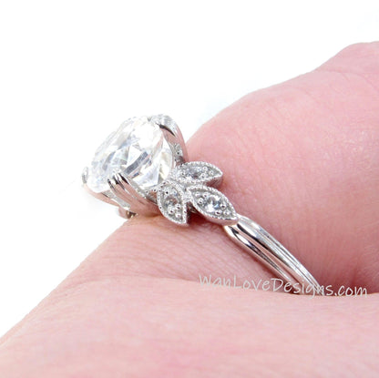 Black Spinel Diamond Milgrain Leaf Engagement Ring, Antique Vintage Nature style Round,Custom Wedding,14kt 18kt Gold,Platinum,WanLoveDesigns Wan Love Designs