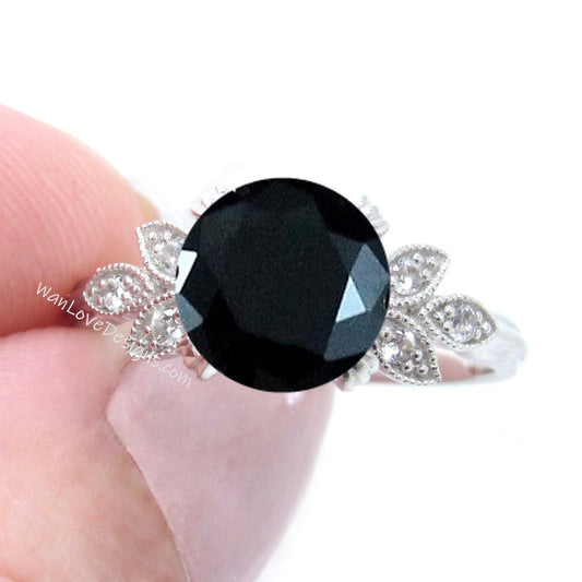 Black Spinel Diamond Milgrain Leaf Engagement Ring, Antique Vintage Nature style Round,Custom Wedding,14kt 18kt Gold,Platinum,WanLoveDesigns Wan Love Designs