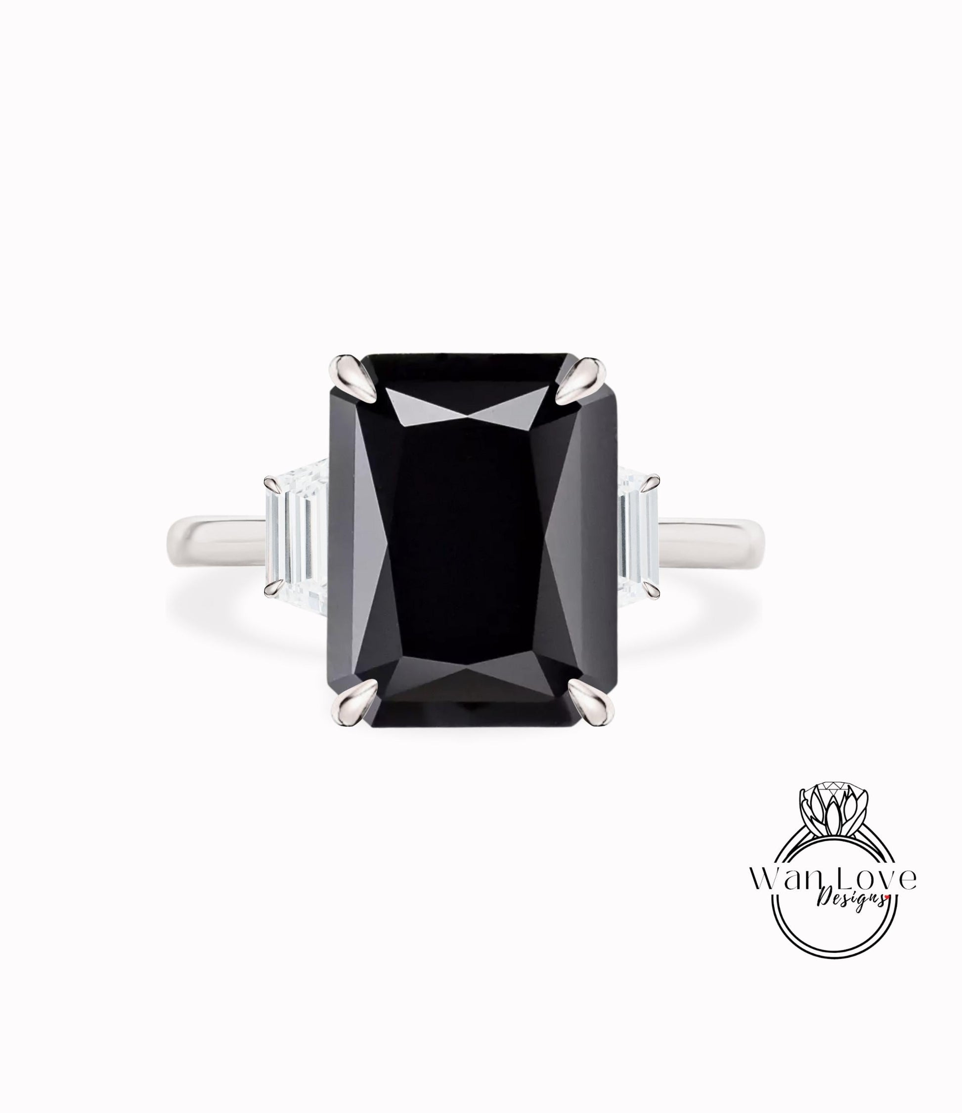 Black Spinel Diamond Moissanite Engagement Ring Emerald cut 14K/18K rose gold ring vintage trapezoid art deco ring wedding Bridal Anniversary gift Wan Love Designs