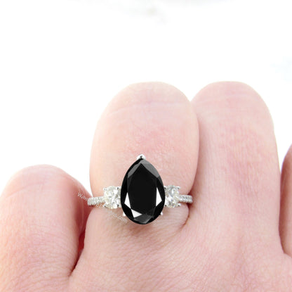 Black Spinel Diamond Moissanite Pear Round 3 Stone Minimalist Dainty Engagement Ring 2ct Wedding Anniversary Gift Wan Love Designs