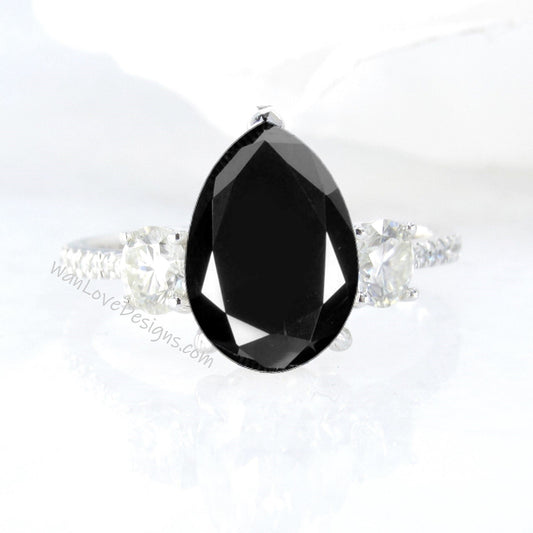 Black Spinel Diamond Moissanite Pear Round 3 Stone Minimalist Dainty Engagement Ring 2ct Wedding Anniversary Gift Wan Love Designs