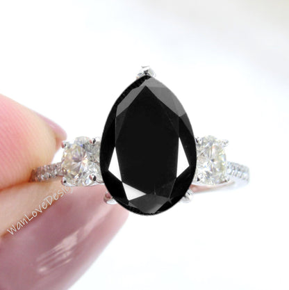 Black Spinel Diamond Moissanite Pear Round 3 Stone Minimalist Dainty Engagement Ring 2ct Wedding Anniversary Gift Wan Love Designs