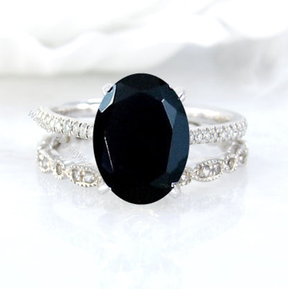 Black Spinel & Diamond Oval Engagement Ring Set,Eternity Leaf Milgrain Wedding Band Custom-14k 18k White-Yellow-Rose Gold-Platinum Wan Love Designs