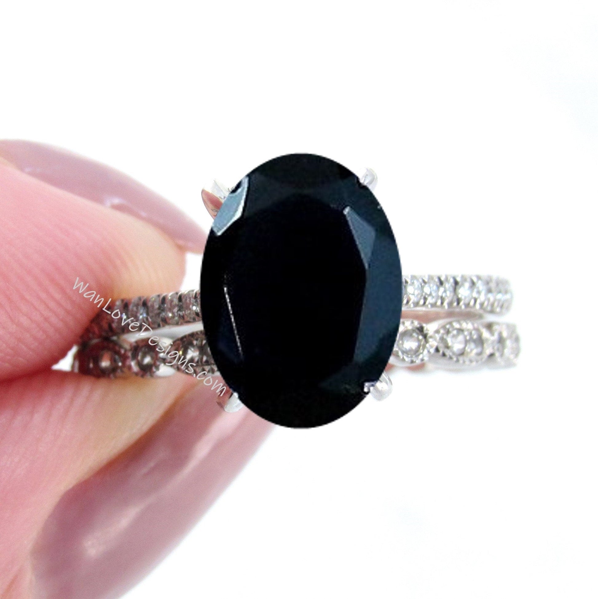 Black Spinel & Diamond Oval Engagement Ring Set,Eternity Leaf Milgrain Wedding Band Custom-14k 18k White-Yellow-Rose Gold-Platinum Wan Love Designs