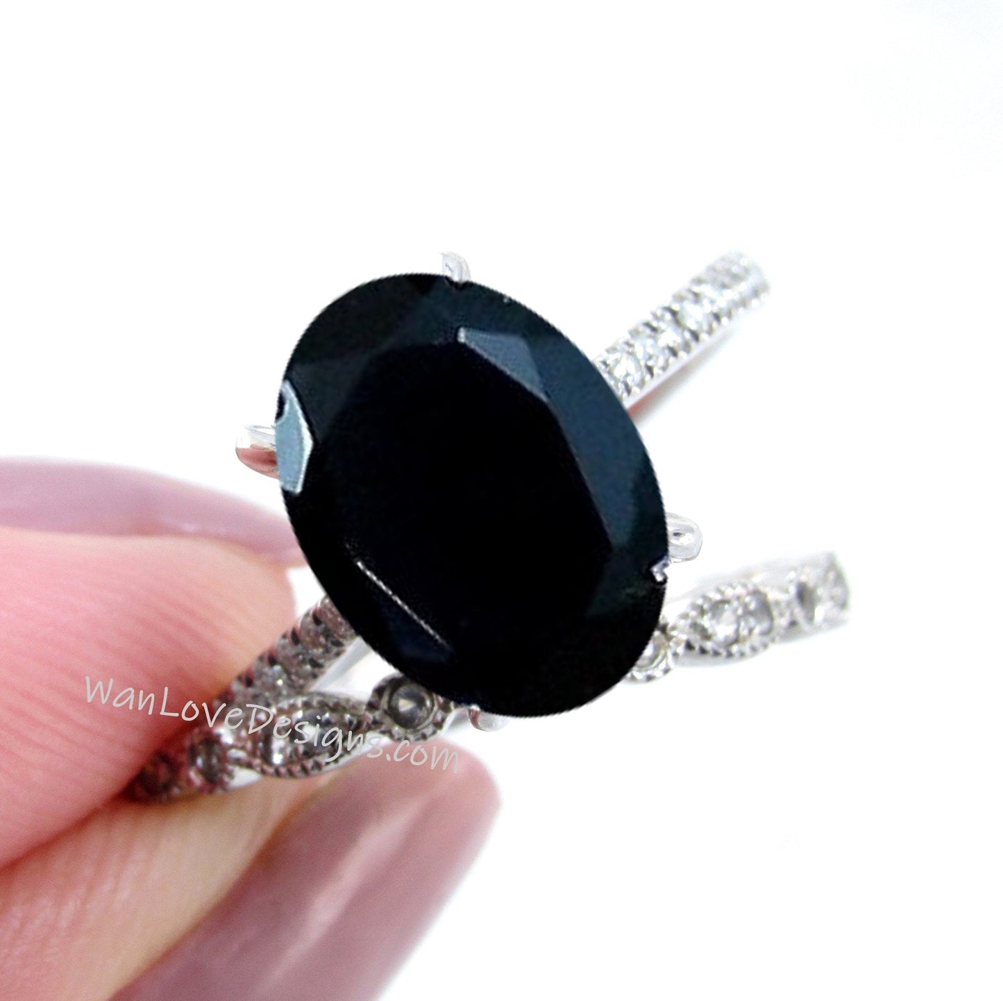 Black Spinel & Diamond Oval Engagement Ring Set,Eternity Leaf Milgrain Wedding Band Custom-14k 18k White-Yellow-Rose Gold-Platinum Wan Love Designs