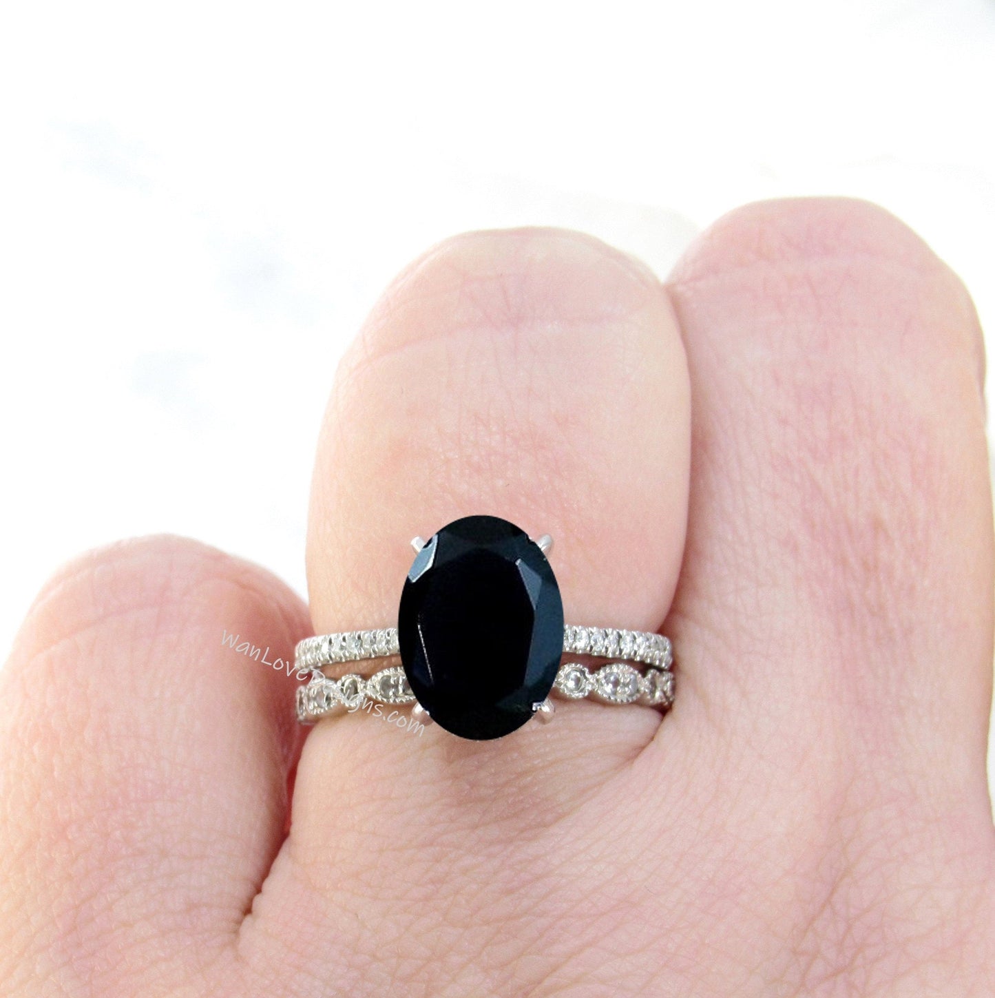 Black Spinel & Diamond Oval Engagement Ring Set,Eternity Leaf Milgrain Wedding Band Custom-14k 18k White-Yellow-Rose Gold-Platinum Wan Love Designs