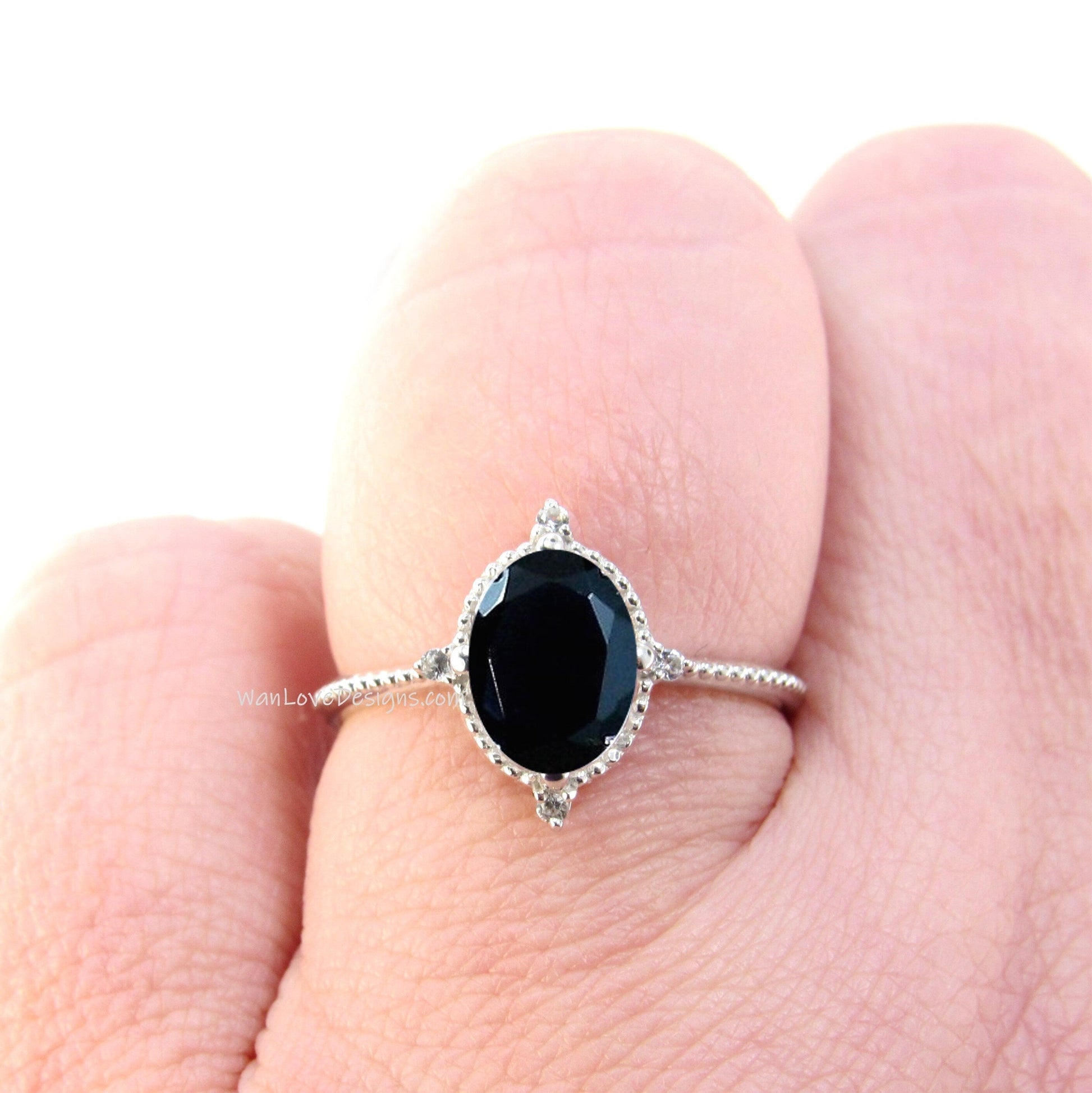 Black Spinel Diamond Oval Milgrain Engagement Ring Custom Wedding North Star, 14kt 18kt Gold, Platinum, WanLoveDesigns Wan Love Designs