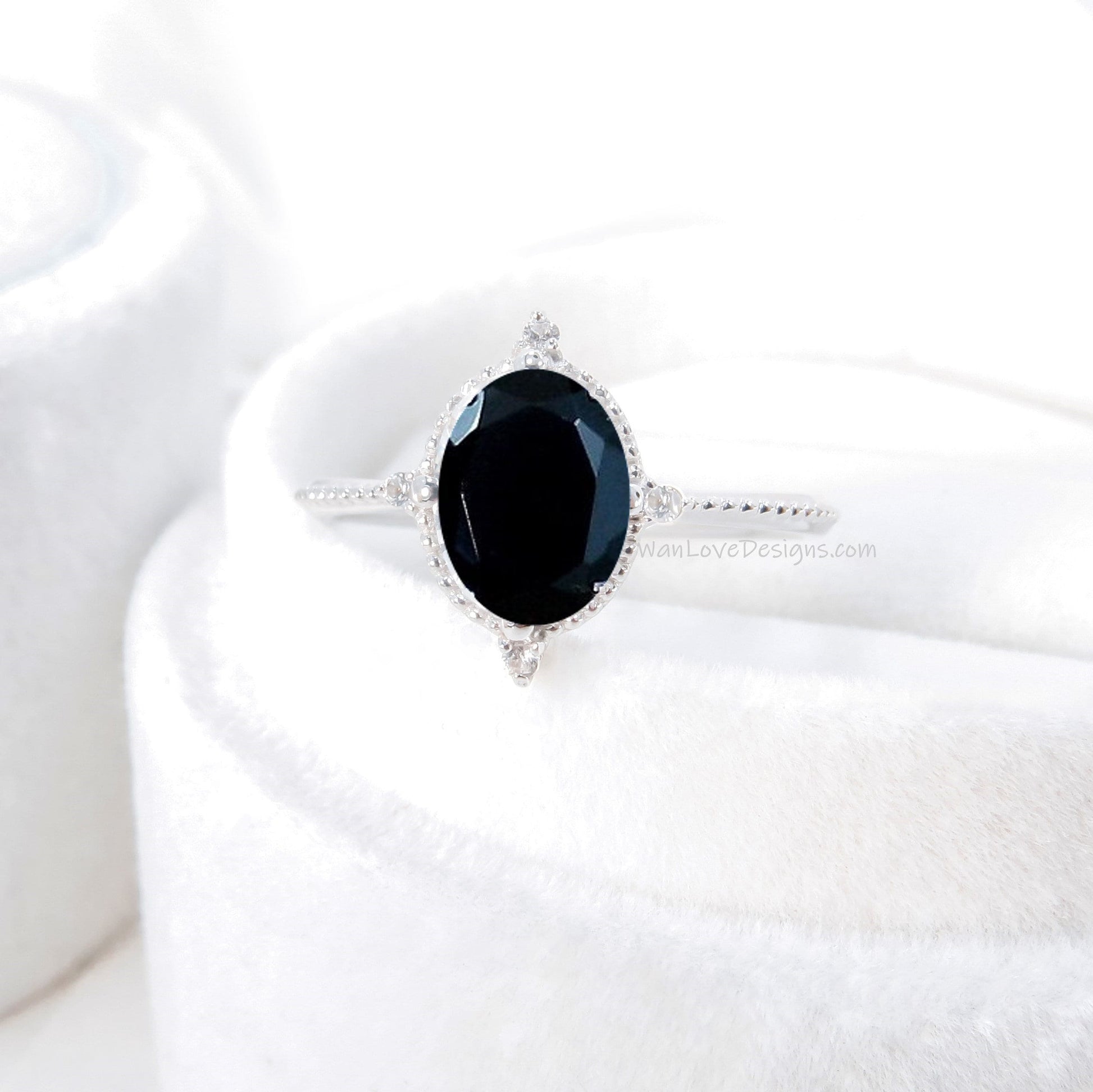 Black Spinel Diamond Oval Milgrain Engagement Ring Custom Wedding North Star, 14kt 18kt Gold, Platinum, WanLoveDesigns Wan Love Designs