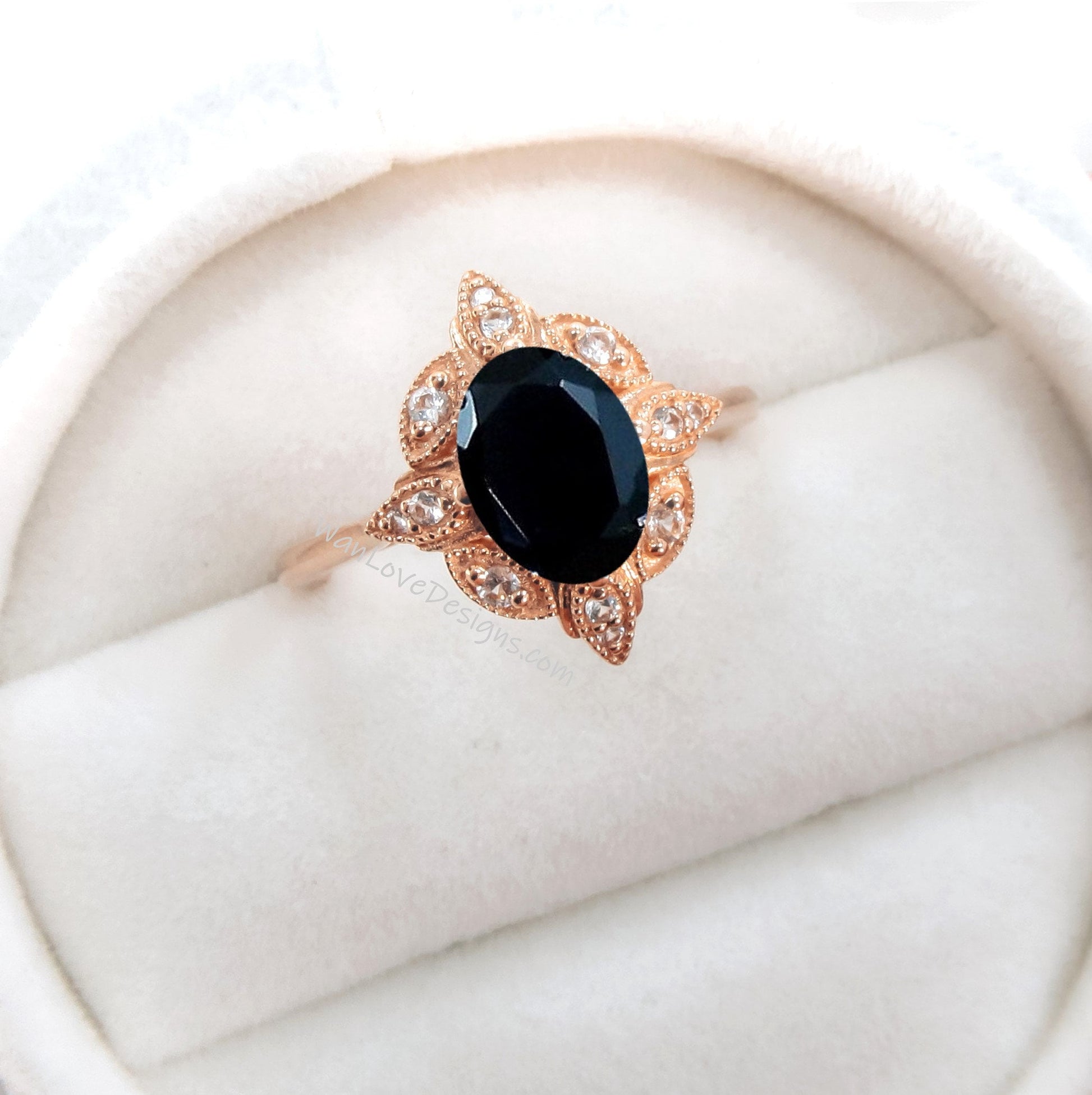 Black Spinel & Diamond Oval Milgrain Halo Engagement Ring, plain shank, 14k White Yellow Rose Gold, Custom, Wedding, WanLoveDesigns Wan Love Designs