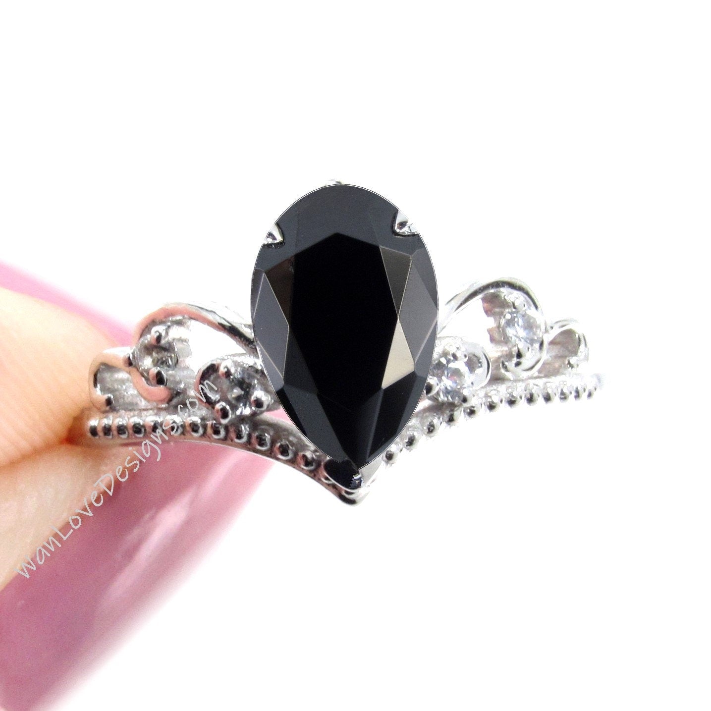 Black Spinel Diamond Pear Crown Tiara Royal Princess V Contoured Engagement Ring, Custom, 14kt 18kt Gold, Platinum, WanLoveDesigns Wan Love Designs