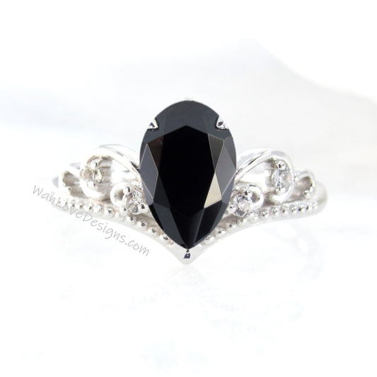 Black Spinel Diamond Pear Crown Tiara Royal Princess V Contoured Engagement Ring, Custom, 14kt 18kt Gold, Platinum, WanLoveDesigns Wan Love Designs