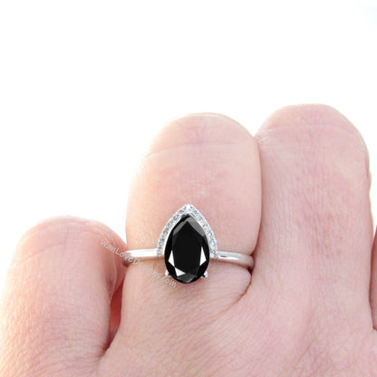 Black Spinel & Diamond Pear Modern Semi Bezel Crescent Half Halo Unique Engagement Ring,Custom,WanLoveDesigns Wan Love Designs