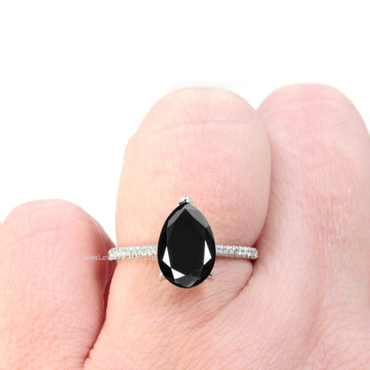 Black Spinel & Diamond Pear Side Halo Engagement Ring, Basket Cathedral, Custom, 14k 18k White Yellow Rose Gold, Platinum, WanLoveDesigns Wan Love Designs