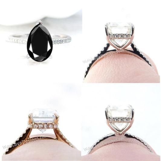 Black Spinel & Diamond Pear Side Halo Half Eternity Halfway Engagement Ring, Custom, 14kt 18kt Gold, Platinum, Wedding, WanLoveDesigns Wan Love Designs