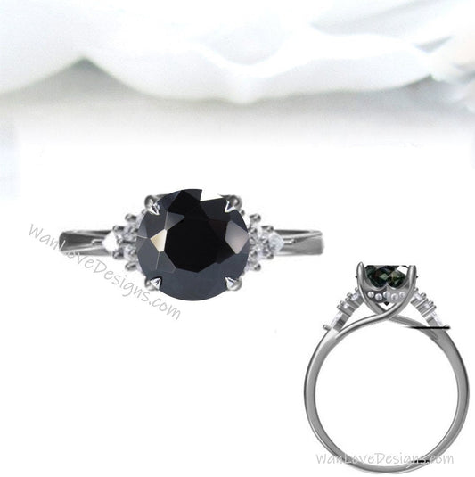 Black Spinel & Diamond Round Claw prong Pear split shank Engagement Ring 2ct 8mm 14k 18k White Rose Gold Wedding Anniversary Gift Wan Love Designs