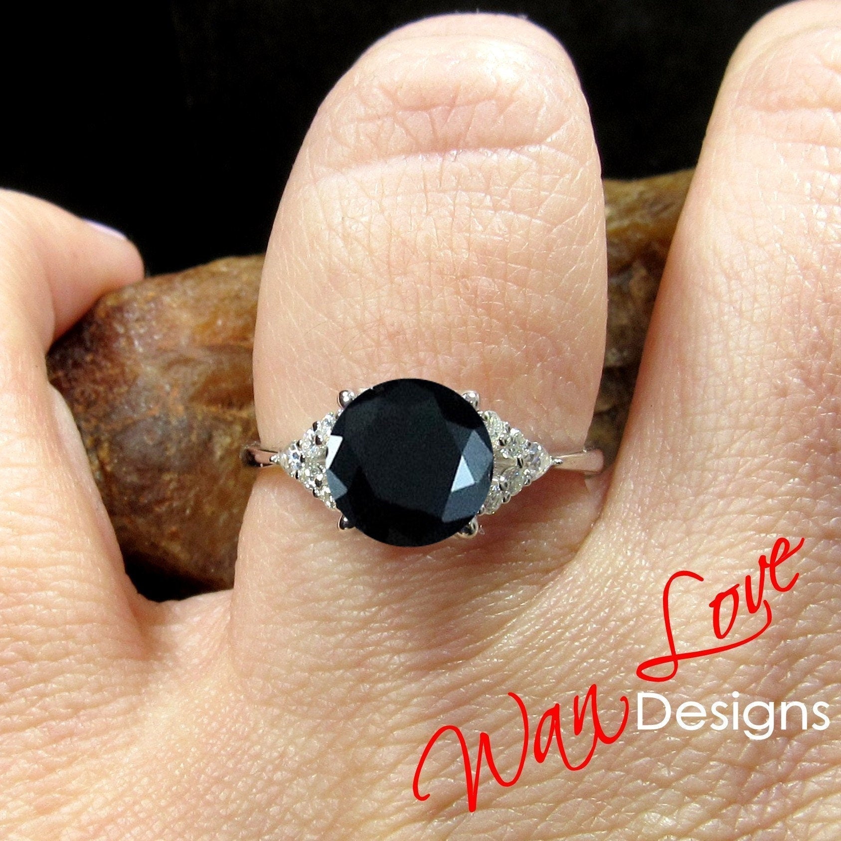 Black Spinel & Diamond Round Claw prong Pear split shank Engagement Ring 2ct 8mm 14k 18k White Rose Gold Wedding Anniversary Gift Wan Love Designs