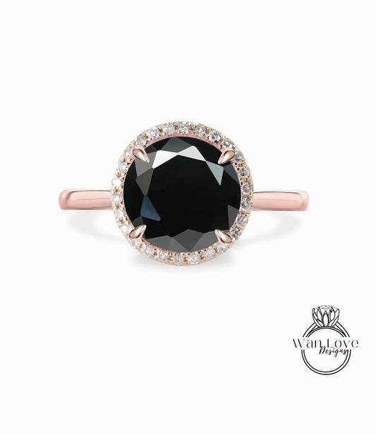 Black Spinel & Diamond Round Halo Plain Shank Engagement Ring, Custom Wedding, 14kt 18kt Gold. Platinum, WanLoveDesigns Wan Love Designs