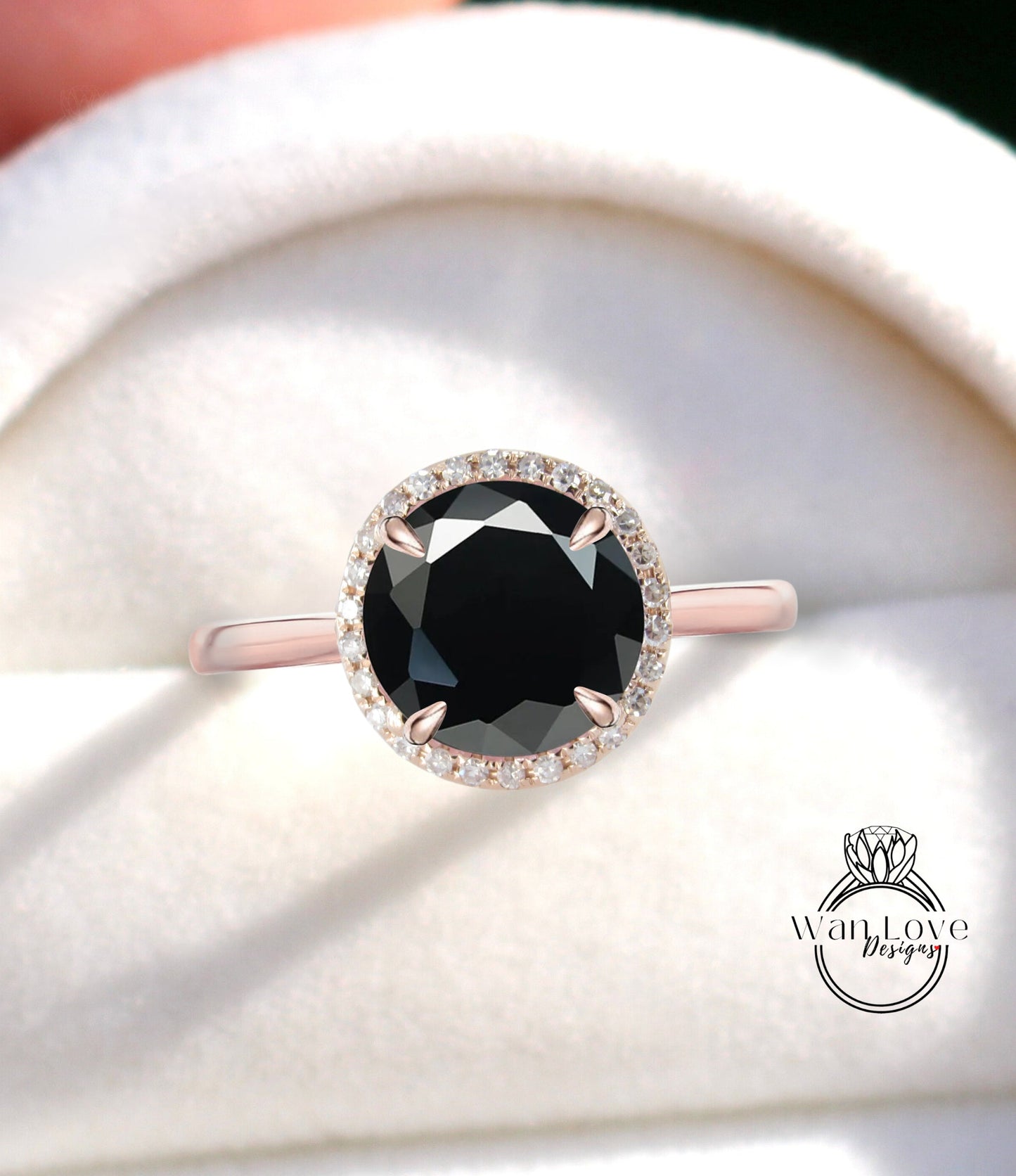 Black Spinel & Diamond Round Halo Plain Shank Engagement Ring, Custom Wedding, 14kt 18kt Gold. Platinum, WanLoveDesigns Wan Love Designs