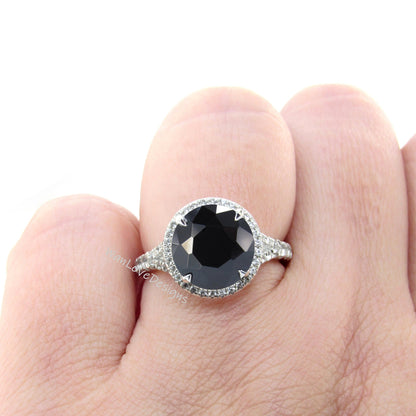 Black Spinel & Diamond Round Halo Split Shank Engagement Ring, 14k 18k Gold-Platinum-Custom-Wedding-Anniversary Gift, WanLoveDesigns Wan Love Designs