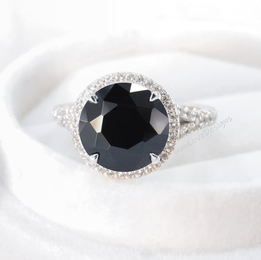 Black Spinel & Diamond Round Halo Split Shank Engagement Ring, 14k 18k Gold-Platinum-Custom-Wedding-Anniversary Gift, WanLoveDesigns Wan Love Designs