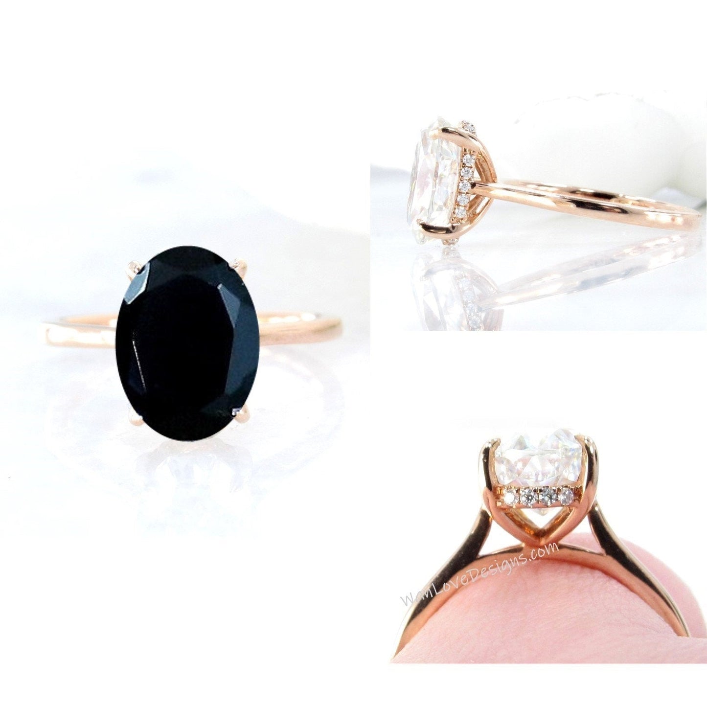 Black Spinel & Diamond Side Halo Oval plain band Engagement Ring, 14k 18k White Yellow Rose Gold,Platinum,Custom,Wedding, WanLoveDesigns Wan Love Designs
