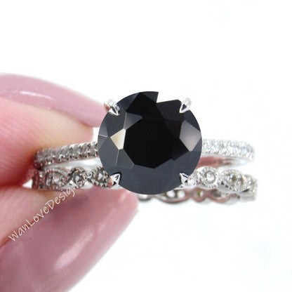 Black Spinel & Diamond shank Engagement Ring,Full Eternity Leaf Wedding Band,Round, Custom-14k 18k White Yellow Rose Gold-Platinum Wan Love Designs