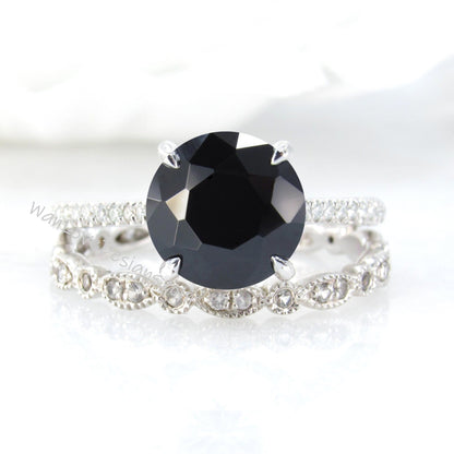 Black Spinel & Diamond shank Engagement Ring,Full Eternity Leaf Wedding Band,Round, Custom-14k 18k White Yellow Rose Gold-Platinum Wan Love Designs